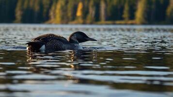 A loon swimming in a lake with trees in the background photo