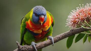 A colorful bird is sitting on a branch photo