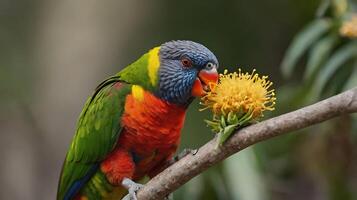 A colorful parrot sits on a branch with yellow flowers photo