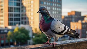 A pigeon is standing on a ledge with buildings in the background photo