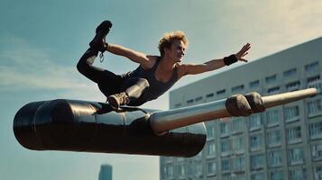 A man is doing a stunt on a large object photo