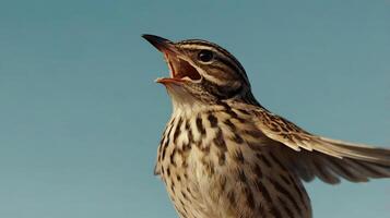 A bird with its wings spread open and its mouth open photo