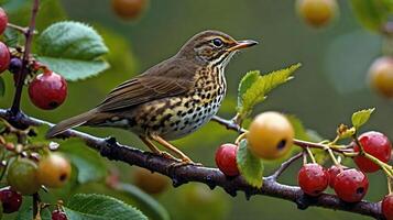 A bird sits on a branch with berries photo