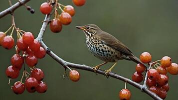 A bird is perched on a branch with berries photo