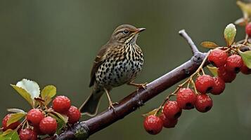 A bird sits on a branch with berries photo