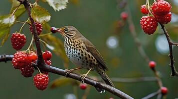 A bird is perched on a branch with berries photo