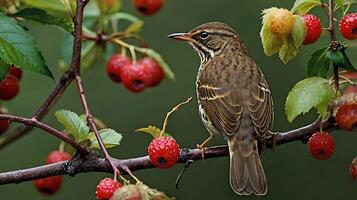 A bird is sitting on a branch with berries photo