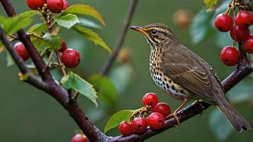 A bird sits on a branch with berries photo