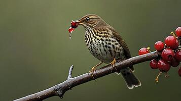 A bird is sitting on a branch with berries photo