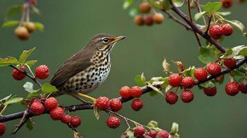 A bird sits on a branch with berries photo