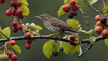 A bird is sitting on a branch with berries photo