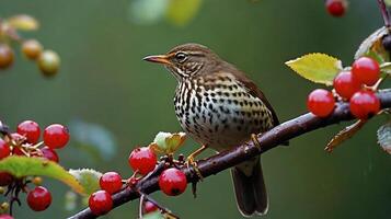A bird is sitting on a branch with berries photo