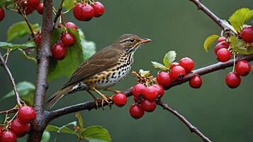A bird sits on a branch with berries photo
