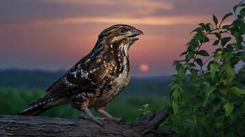 A bird is perched on a branch with a sunset in the background photo