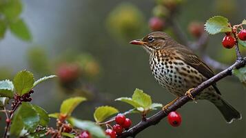 A bird sits on a branch with berries photo