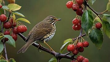 A bird sits on a branch with berries photo