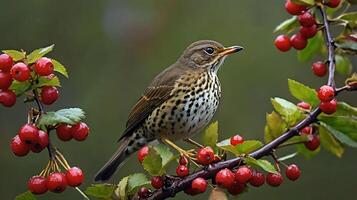 A bird sits on a branch with berries photo