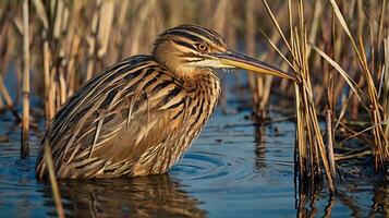 A bird is standing in the water with tall grass photo
