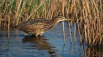 A bird is standing in the water near some reeds photo