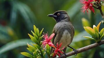 A bird is sitting on a branch with flowers photo