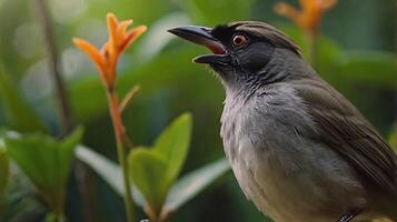 A bird is standing on a branch with flowers in the background photo