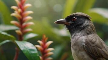 A bird is standing in front of some flowers photo