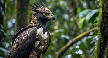 An eagle is perched on a branch in the forest photo