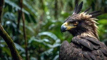 An eagle with a long beak and yellow eyes photo