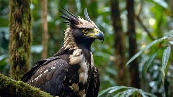 An eagle is perched on a branch in the jungle photo