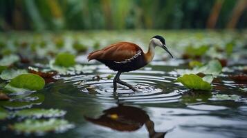 A bird standing in water with leaves and lily pads photo