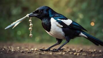A magpie is holding a feather in its beak photo