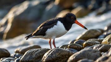 A black and white bird with an orange beak standing on some rocks photo