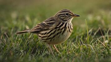 A small bird standing in the grass photo