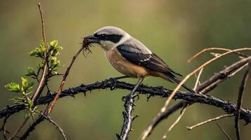 A bird is sitting on a branch with a twig in its mouth photo