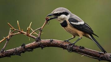 A bird with a worm in its beak sits on a branch photo