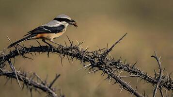 A bird sitting on a thorny branch with a worm in its beak photo