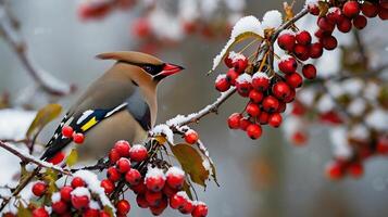 A bird sits on a branch with berries in the snow photo