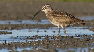 A bird with a long beak standing in the mud photo