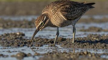 A bird with a long beak is standing in the mud photo