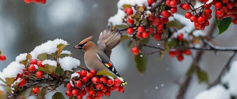 A bird is perched on a branch with berries photo
