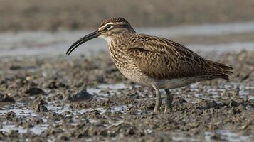 A bird with a long beak standing in the mud photo