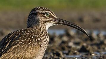 A bird with a long beak standing in the mud photo
