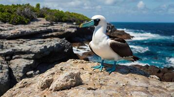A bird with blue feet standing on a rock photo