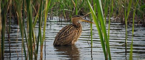A bird is standing in the water near tall grass photo