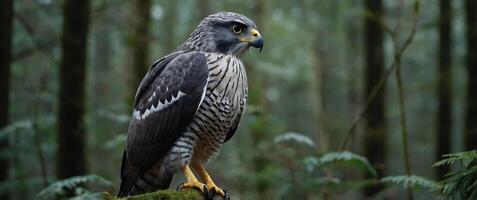 A hawk is perched on a branch in the forest photo