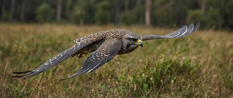 A falcon flying over a field with tall grass photo