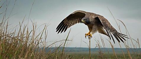 A hawk is landing on a tall grassy field photo