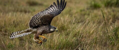 A hawk is flying over a field with grass photo
