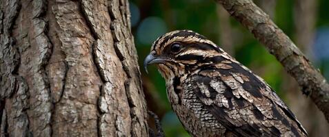 A bird is perched on a tree trunk photo