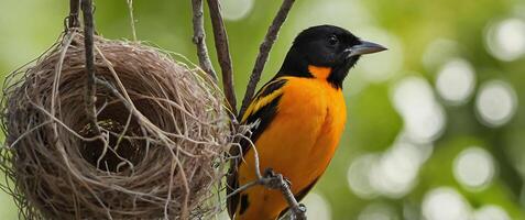 A baltimore oriole sits on a branch next to a nest photo